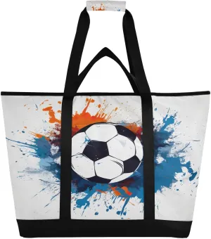 Blue Football Soccer Tote Bag for Women with Zipper Reusable Grocery Bags Foldable Insulated Cooler Bag Handbags Shopping Bags Totes for Groceries Travel Picnic Beach Work