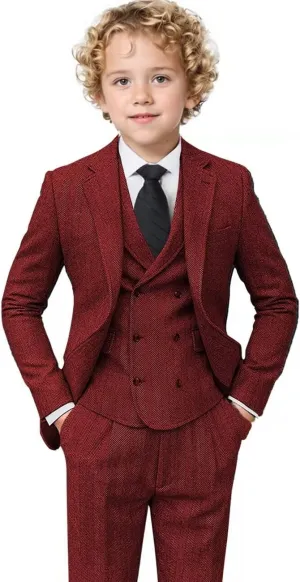 Boys Tweed Suit 3 Piece Tuxedo Suit for Boys Two Button Suits Jackets Vest Pants Set for Kid