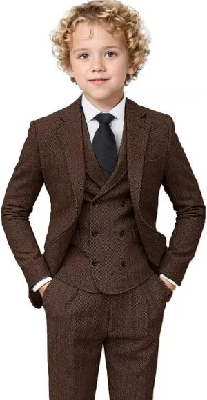 Boys Tweed Suit 3 Piece Tuxedo Suit for Boys Two Button Suits Jackets Vest Pants Set for Kid
