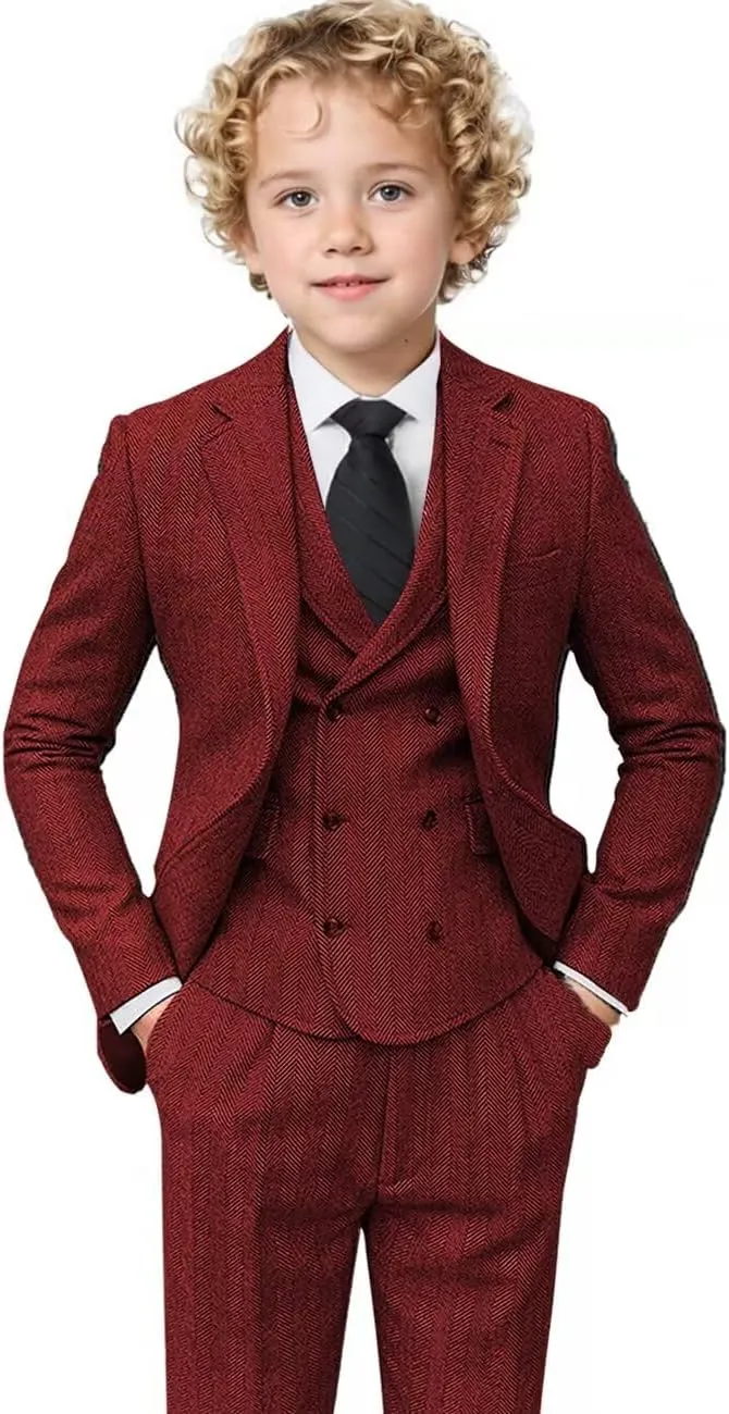 Boys Tweed Suit 3 Piece Tuxedo Suit for Boys Two Button Suits Jackets Vest Pants Set for Kid
