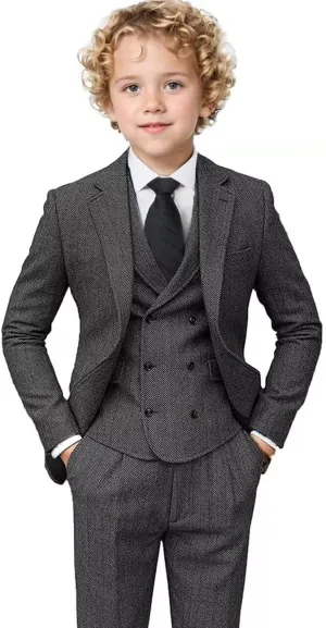 Boys Tweed Suit 3 Piece Tuxedo Suit for Boys Two Button Suits Jackets Vest Pants Set for Kid