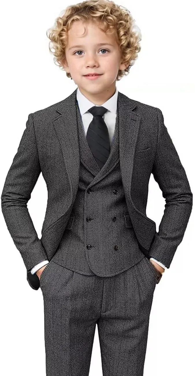 Boys Tweed Suit 3 Piece Tuxedo Suit for Boys Two Button Suits Jackets Vest Pants Set for Kid