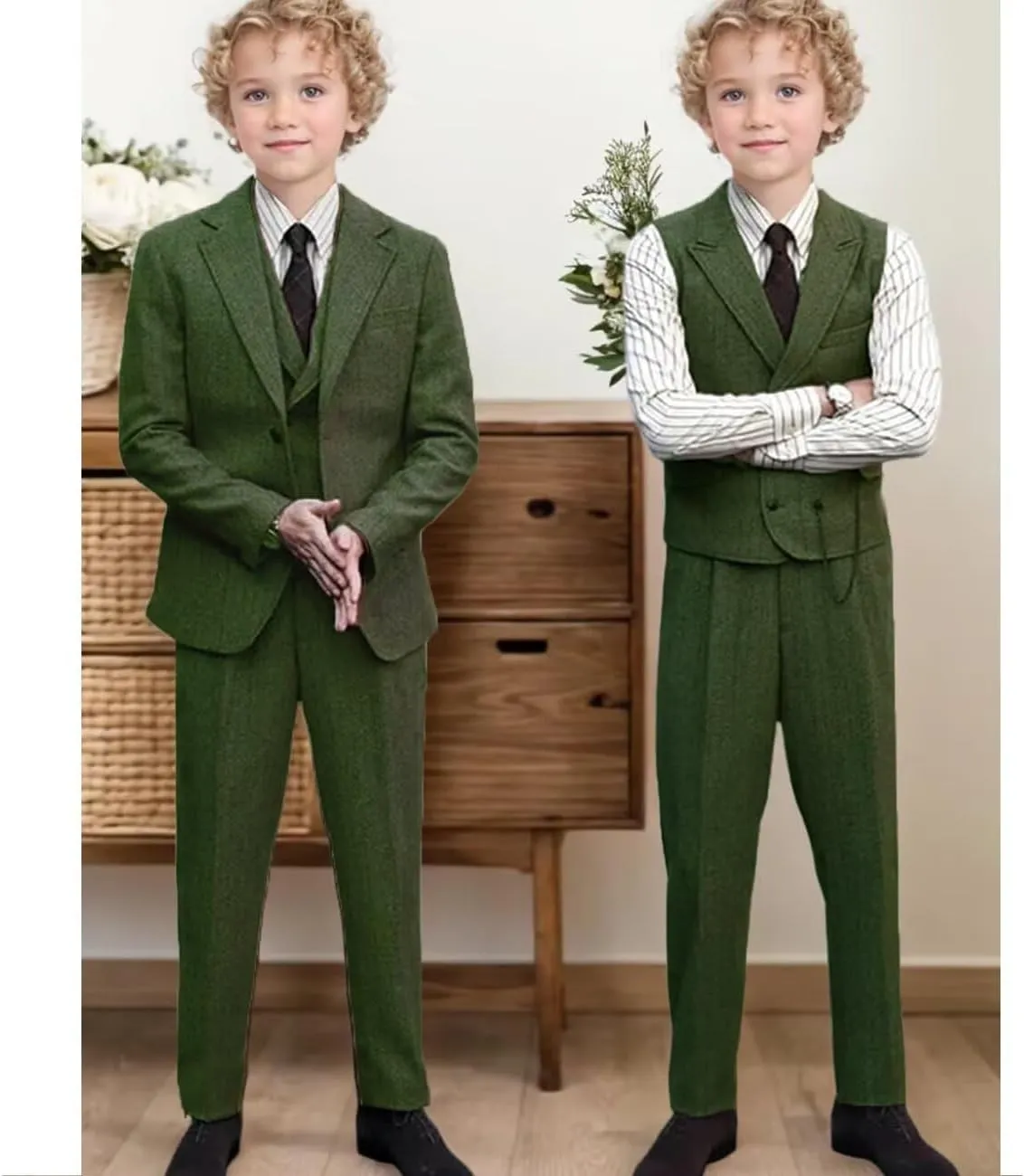 Boys Tweed Suit 3 Piece Tuxedo Suit for Boys Two Button Suits Jackets Vest Pants Set for Kid