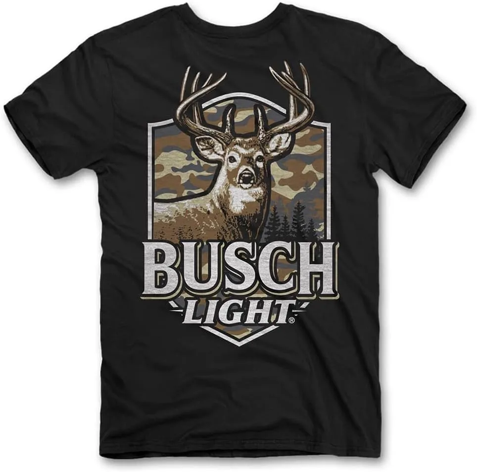 Busch Light Short Sleeve T-Shirt, Black | Busch Light, Buck Camo Shield Design | 100% Ringspun Cotton