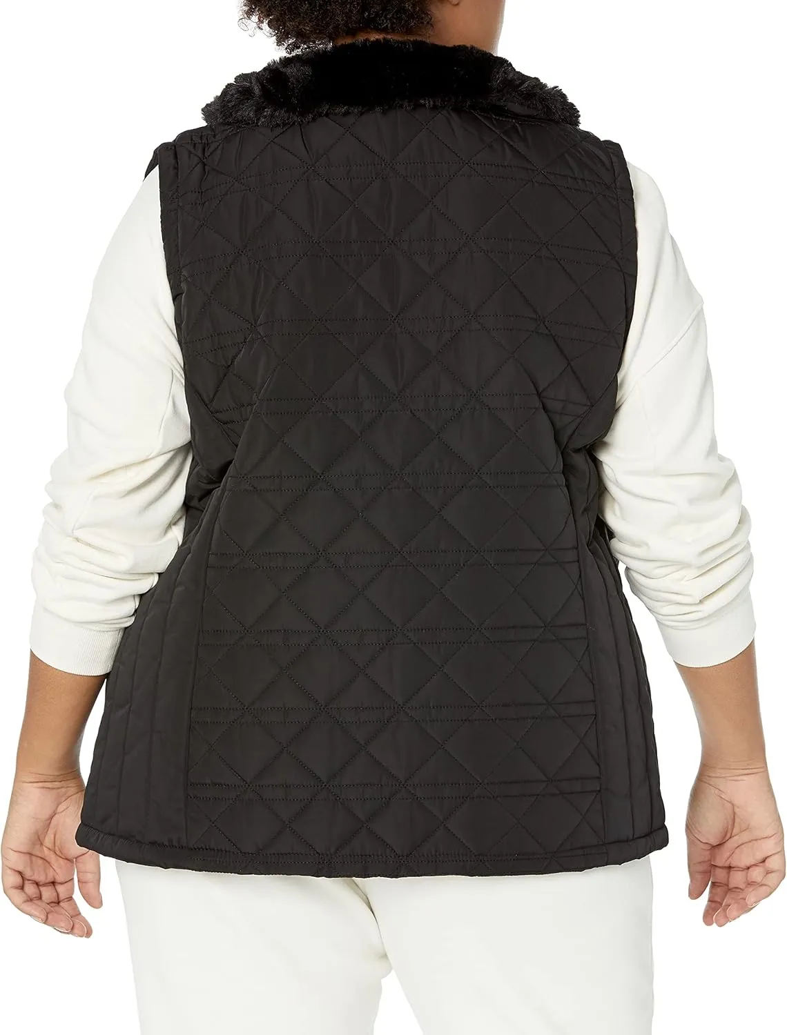 Calvin Klein Women's Plus Size Silver Hardwear Quilted Cozy Fur Collar Everyday Vest