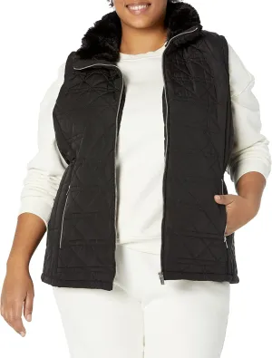 Calvin Klein Women's Plus Size Silver Hardwear Quilted Cozy Fur Collar Everyday Vest