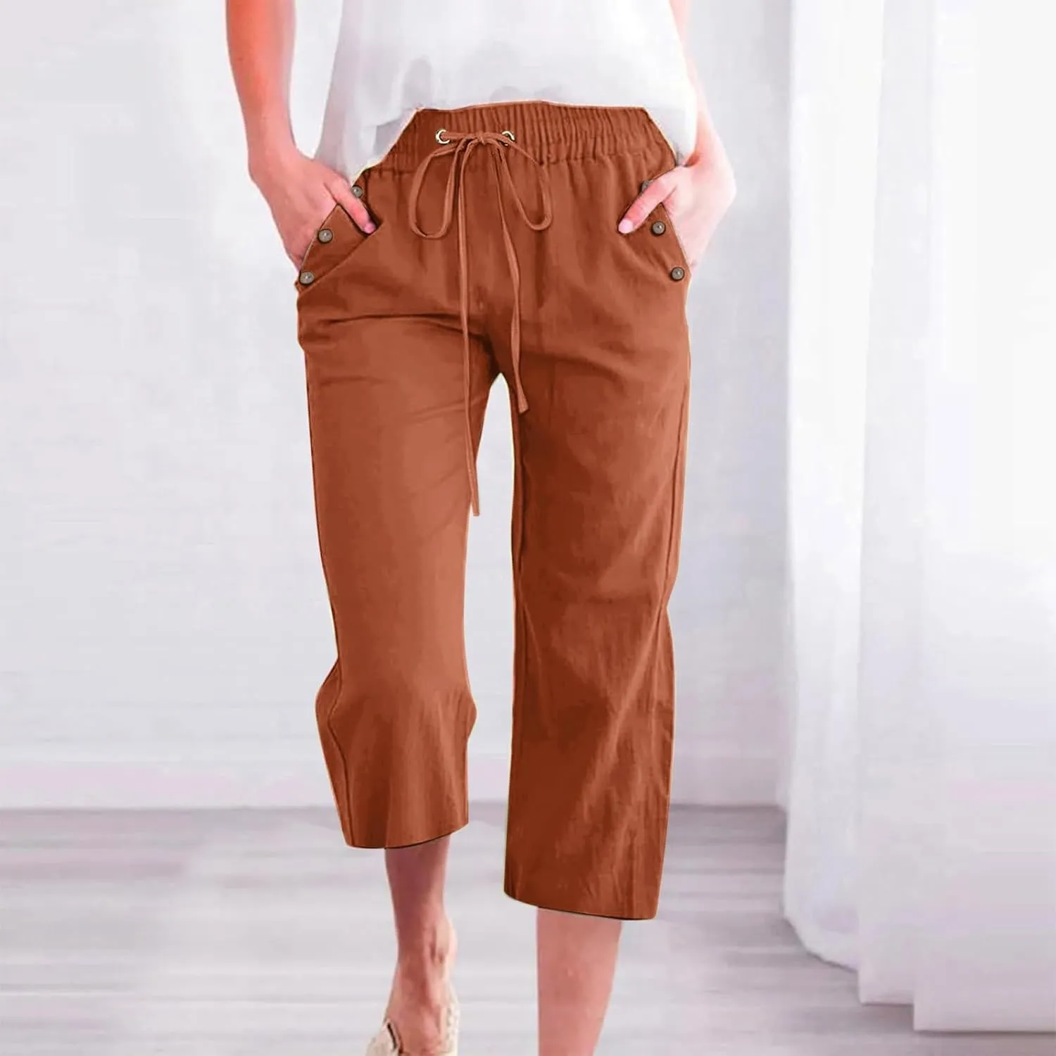 Capris Pants for Women Plus Size Cotton Linen Casual Summer Wide Leg Loose Drawstring Elastic Waist Cropped Trouser
