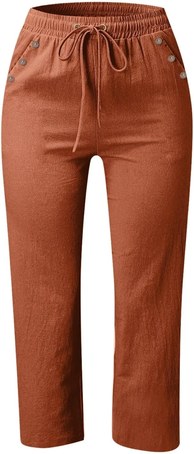 Capris Pants for Women Plus Size Cotton Linen Casual Summer Wide Leg Loose Drawstring Elastic Waist Cropped Trouser