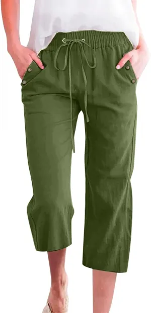 Capris Pants for Women Plus Size Cotton Linen Casual Summer Wide Leg Loose Drawstring Elastic Waist Cropped Trouser