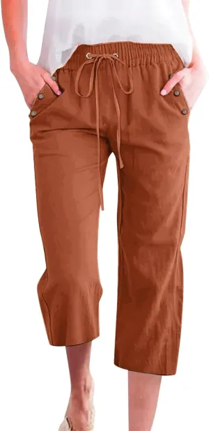 Capris Pants for Women Plus Size Cotton Linen Casual Summer Wide Leg Loose Drawstring Elastic Waist Cropped Trouser