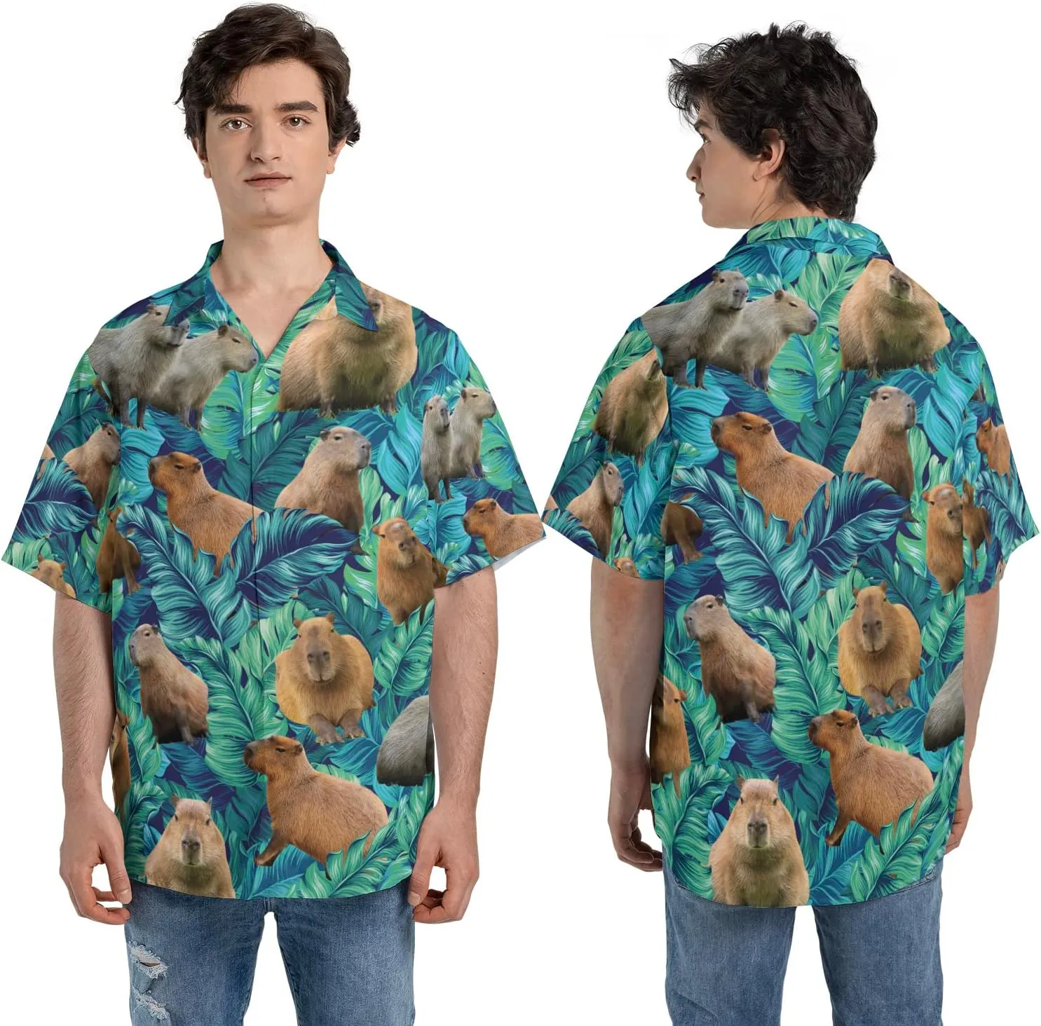 Capybara Printed Hawaiian Shirt Funny Capybara Tropical Leaves Summer Vibes Beach Shirt