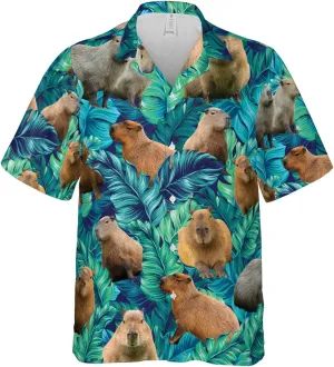 Capybara Printed Hawaiian Shirt Funny Capybara Tropical Leaves Summer Vibes Beach Shirt