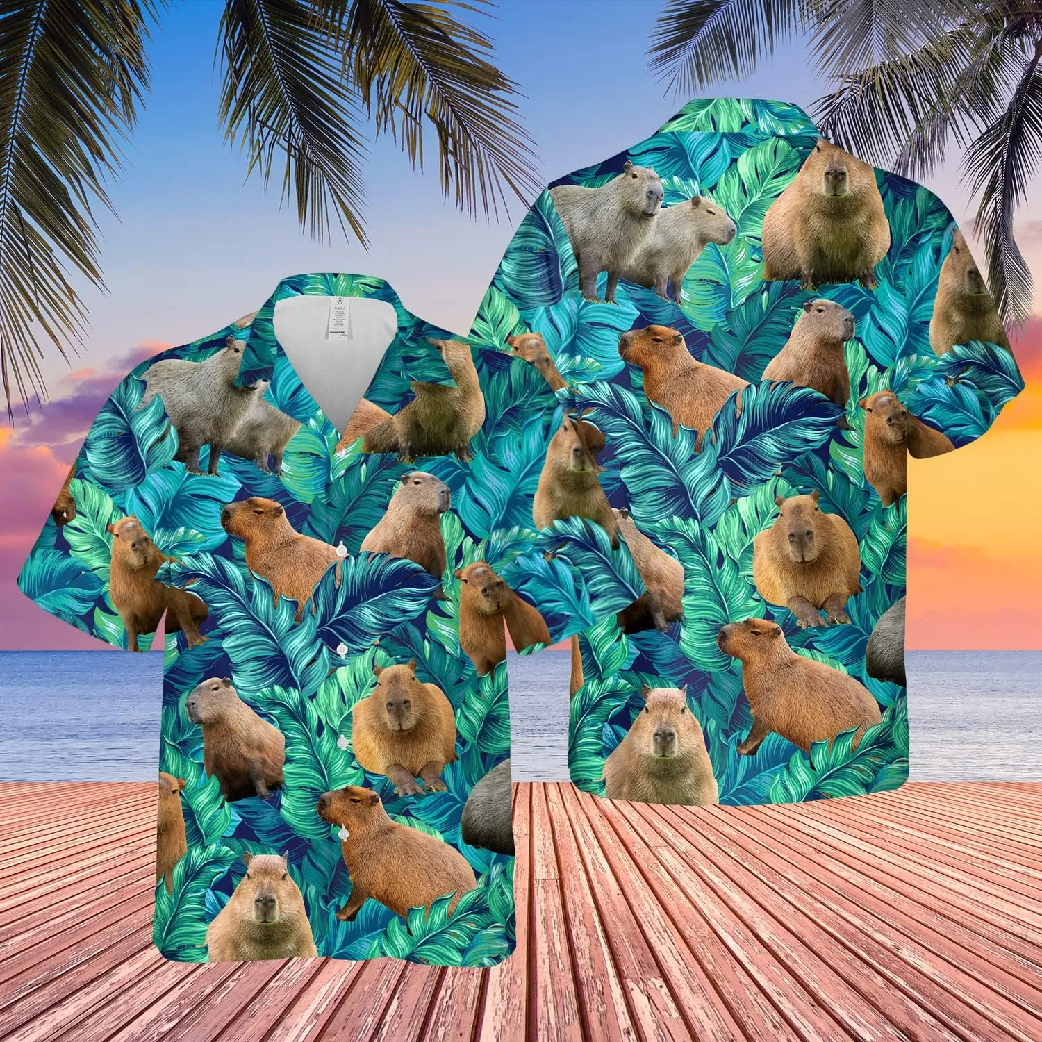 Capybara Printed Hawaiian Shirt Funny Capybara Tropical Leaves Summer Vibes Beach Shirt