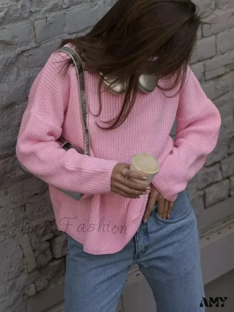 Casual Knitted Women Solid V-neck Long Sleeve Pullover Sweater