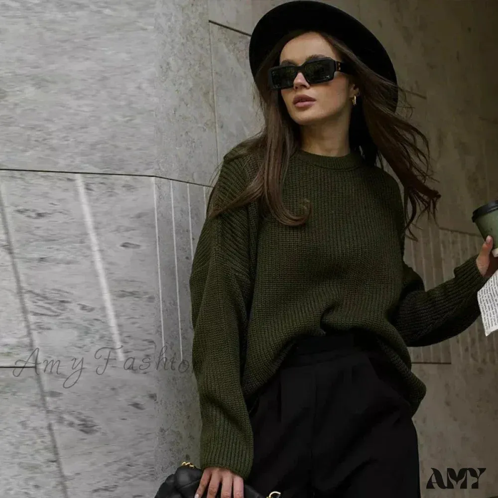 Casual Knitted Women Solid V-neck Long Sleeve Pullover Sweater