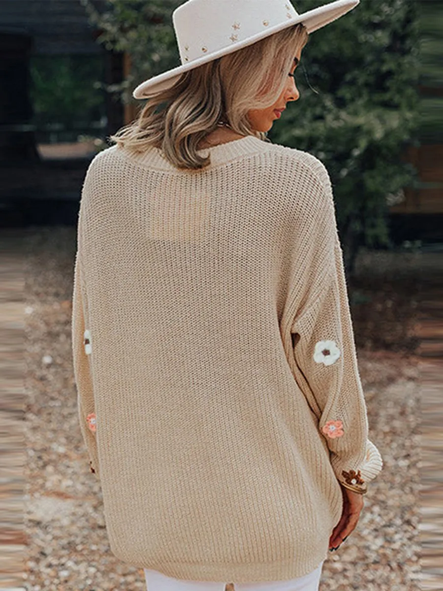 Chic Round Neck Embroidered Knit Sweater - Versatile Style