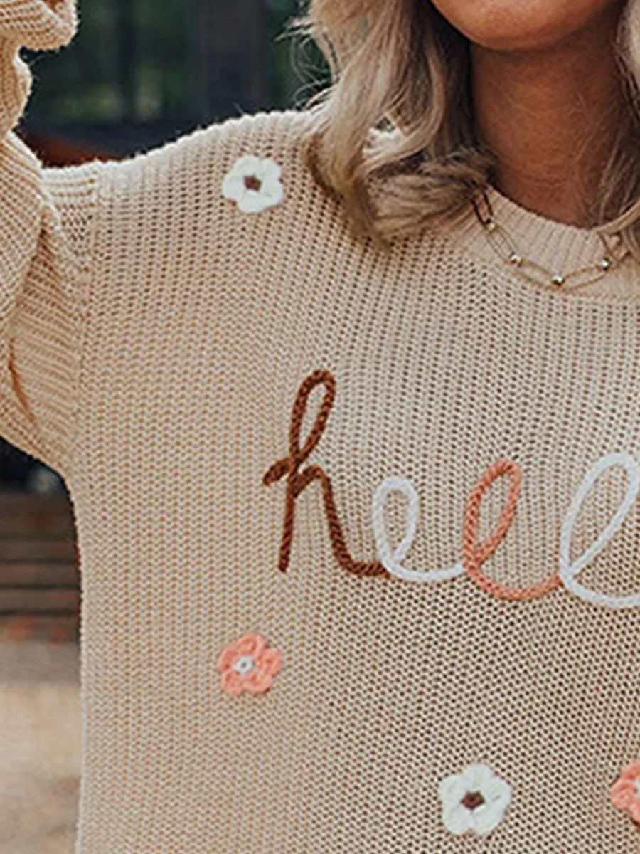 Chic Round Neck Embroidered Knit Sweater - Versatile Style