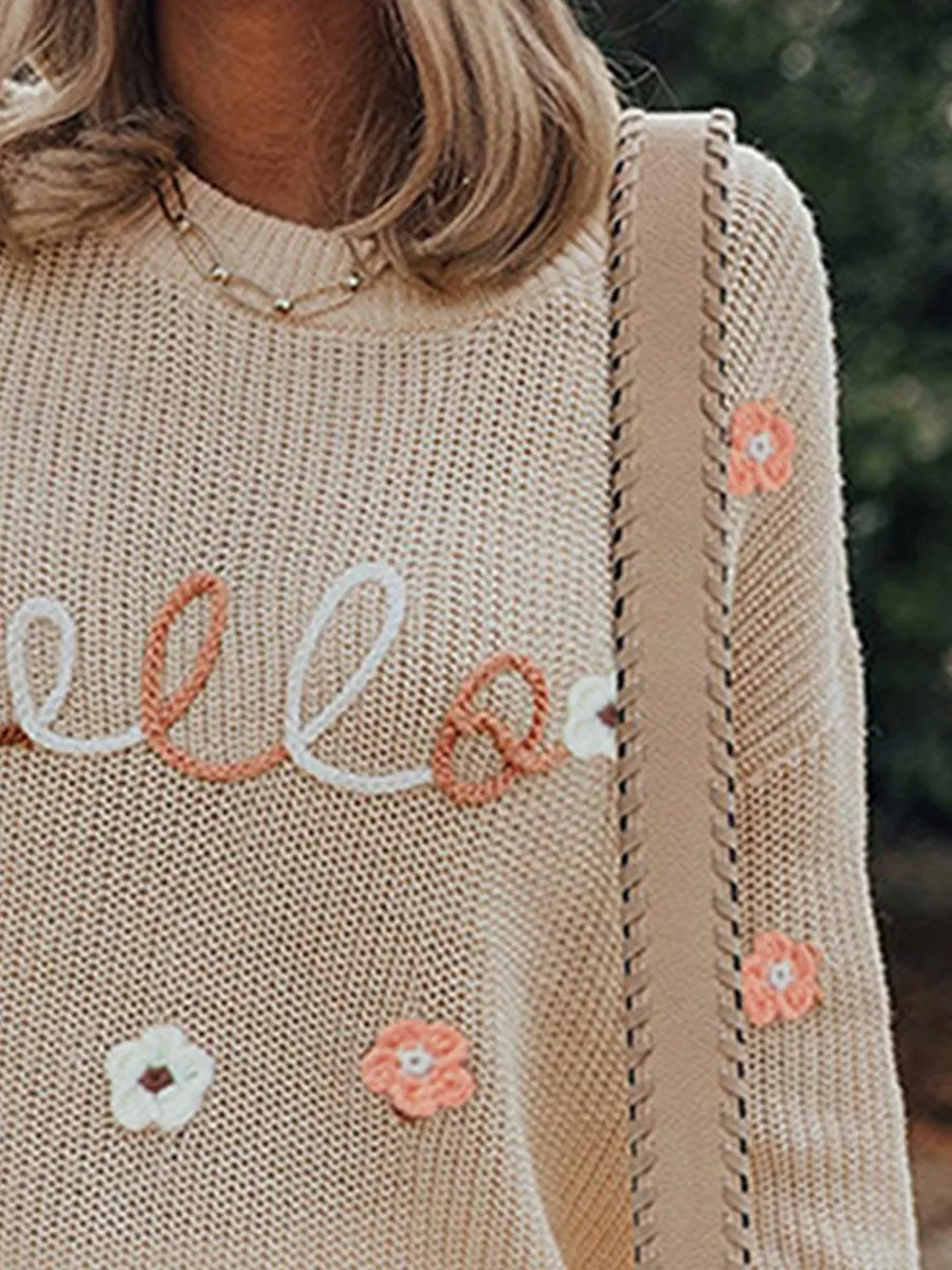 Chic Round Neck Embroidered Knit Sweater - Versatile Style