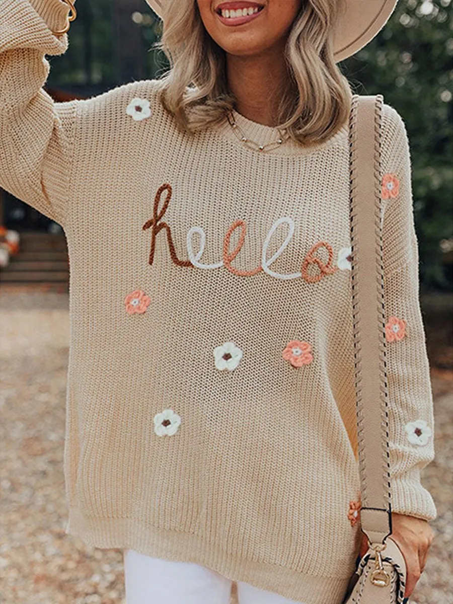 Chic Round Neck Embroidered Knit Sweater - Versatile Style