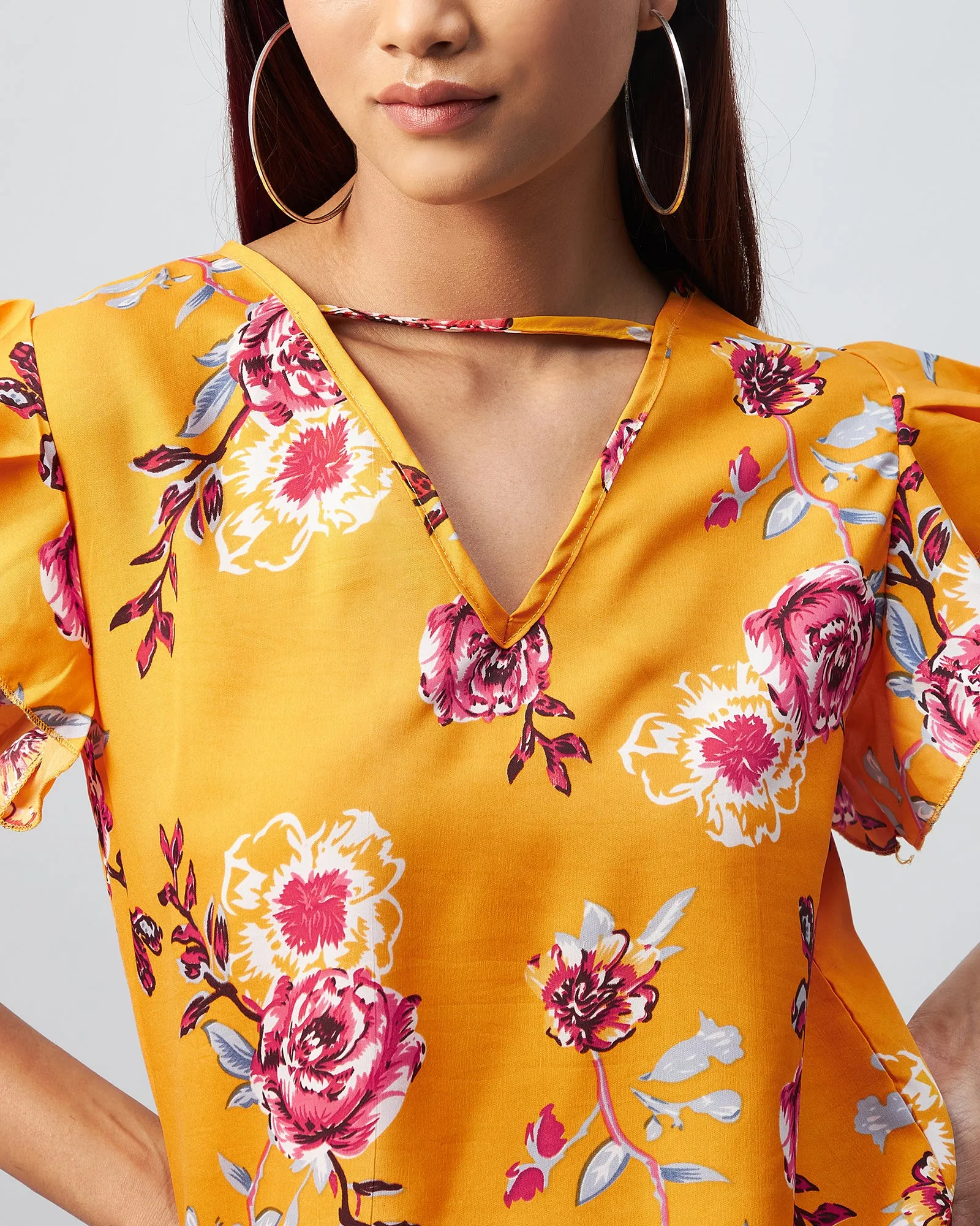 Chimpaaanzee Women Crepe Yellow Flower Printed Ruffled Top