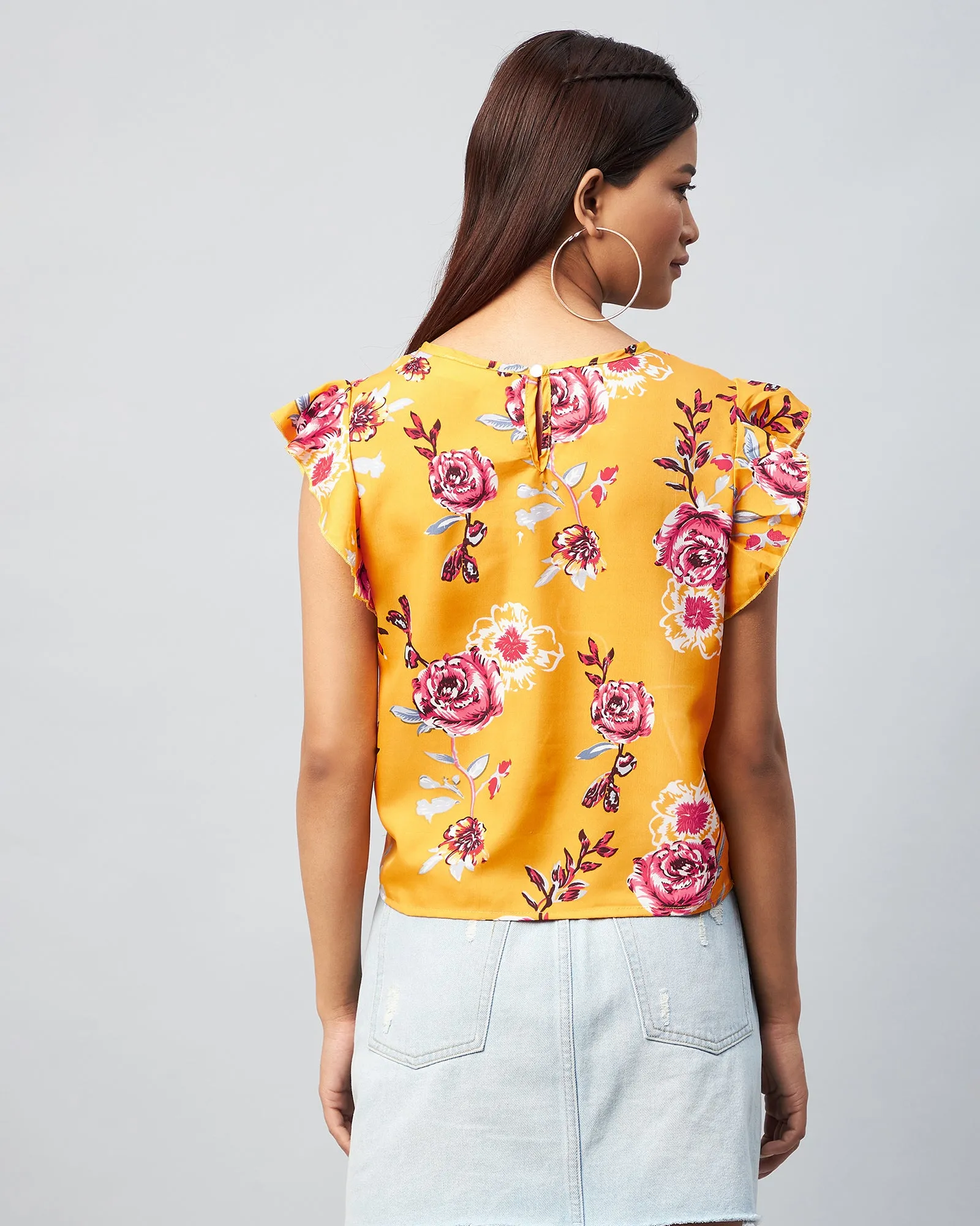 Chimpaaanzee Women Crepe Yellow Flower Printed Ruffled Top