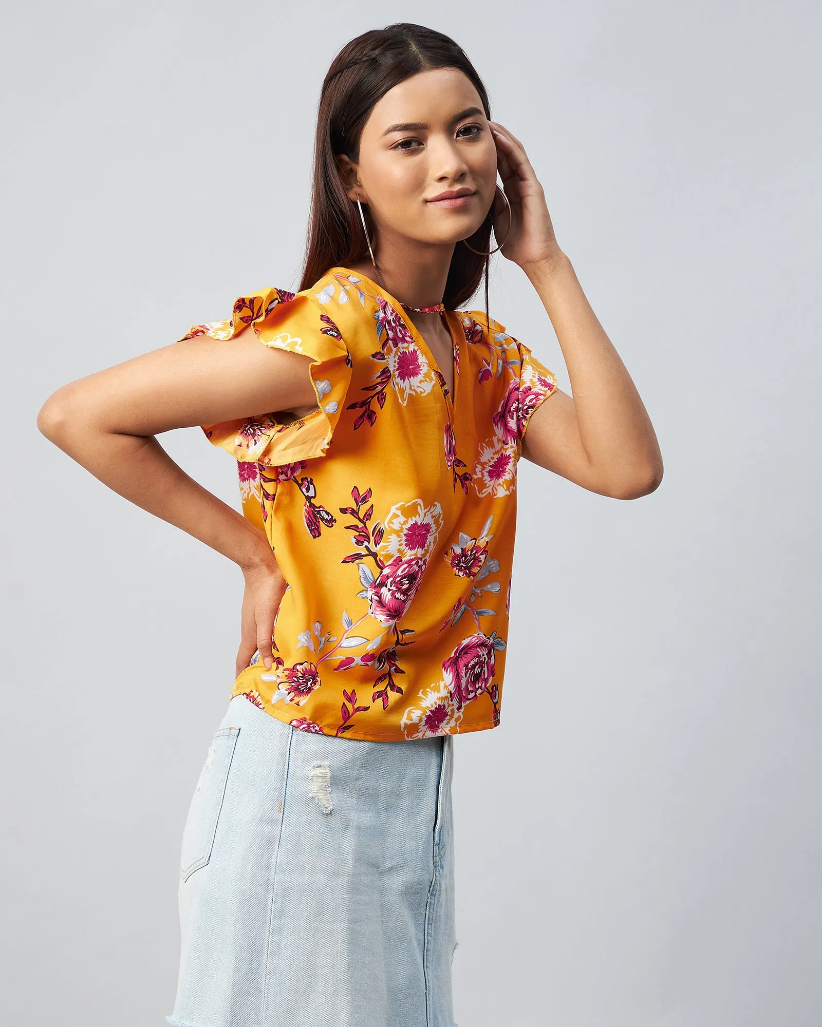 Chimpaaanzee Women Crepe Yellow Flower Printed Ruffled Top