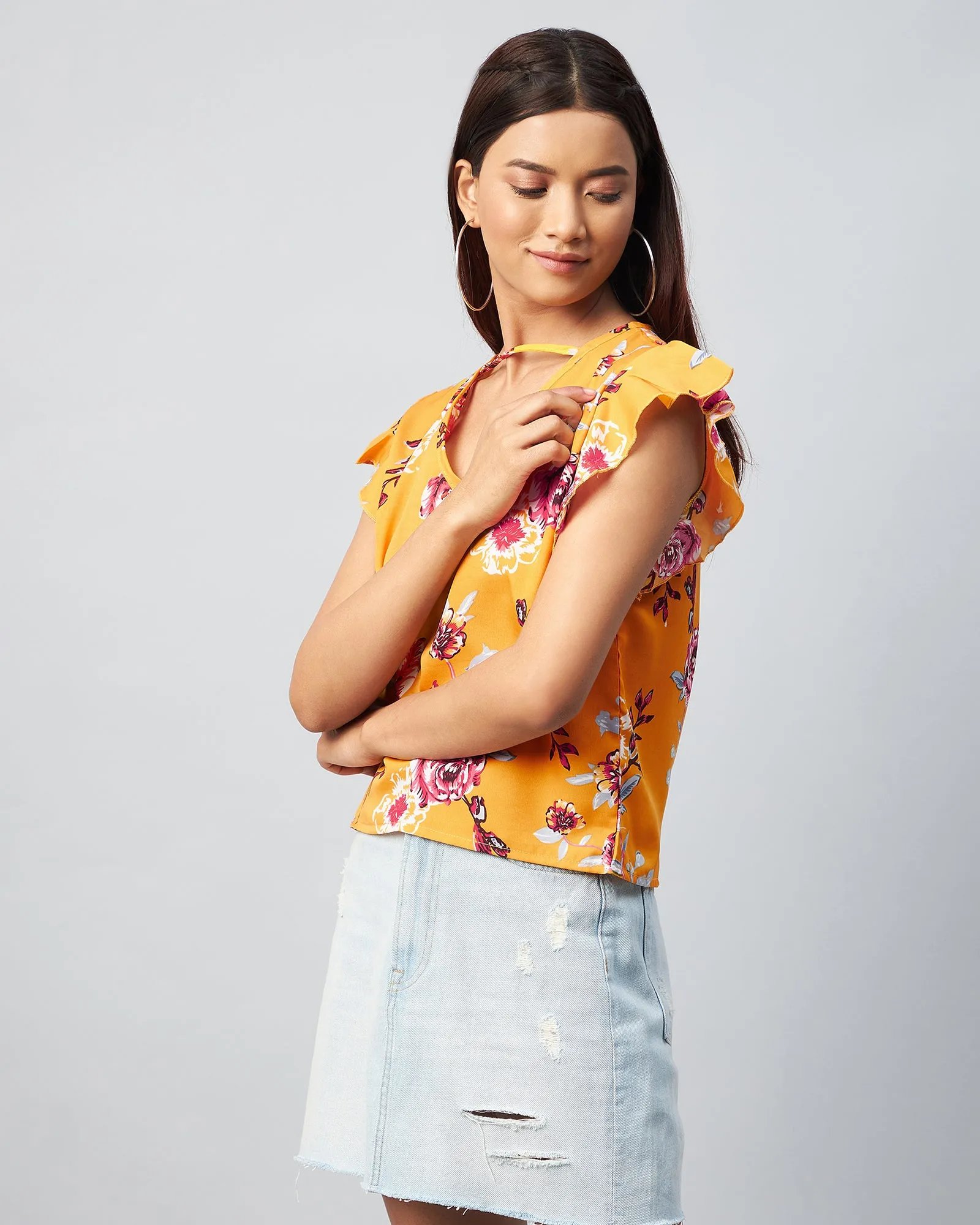 Chimpaaanzee Women Crepe Yellow Flower Printed Ruffled Top