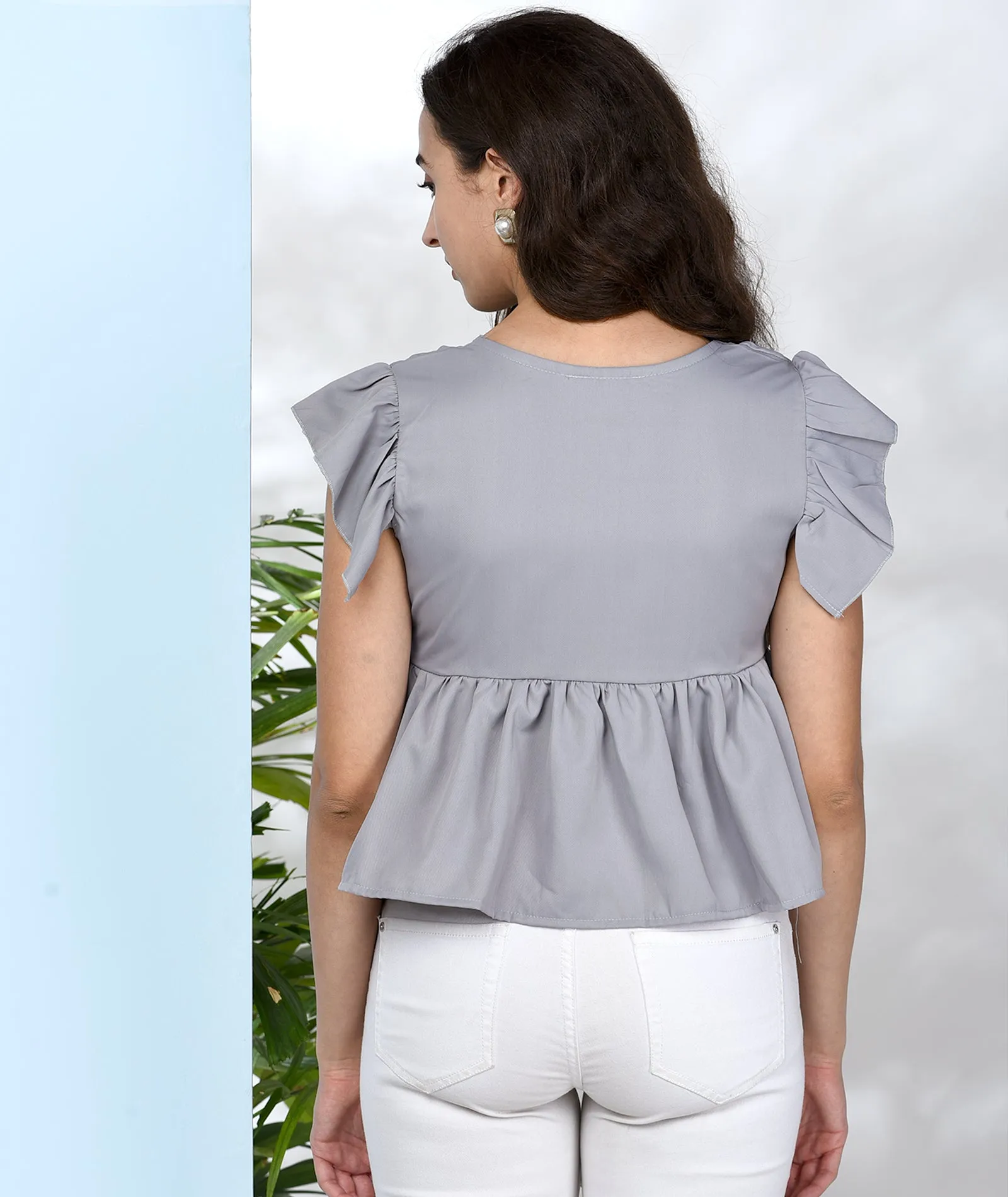 Chimpaaanzee Women Grey Solid Ruffled Style Top