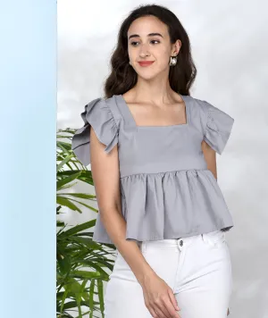 Chimpaaanzee Women Grey Solid Ruffled Style Top