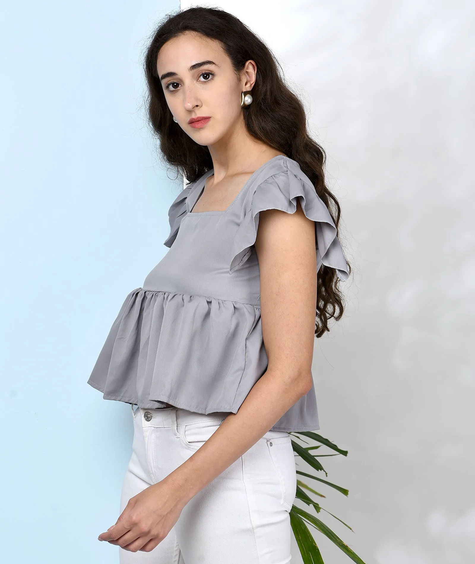 Chimpaaanzee Women Grey Solid Ruffled Style Top