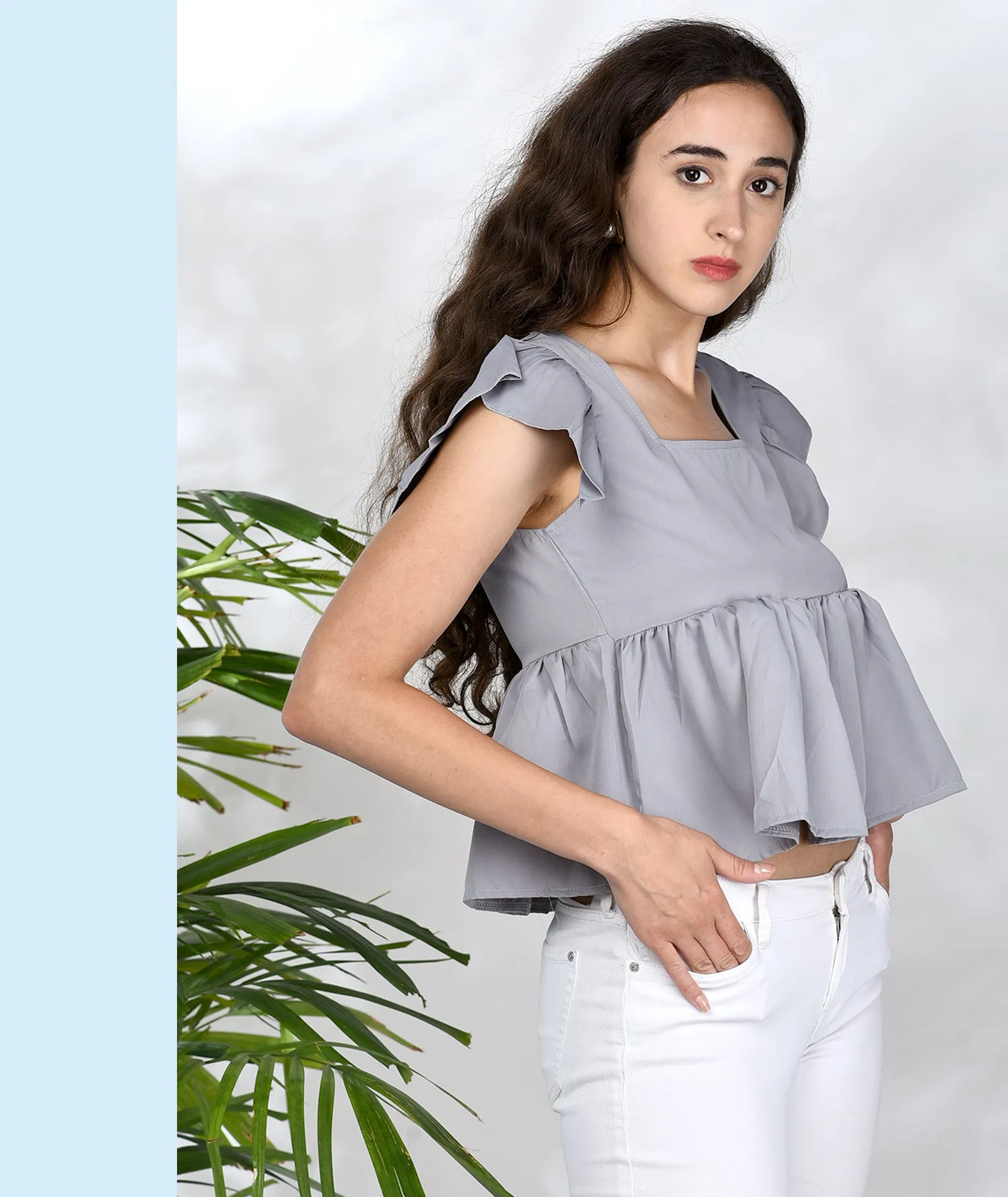 Chimpaaanzee Women Grey Solid Ruffled Style Top