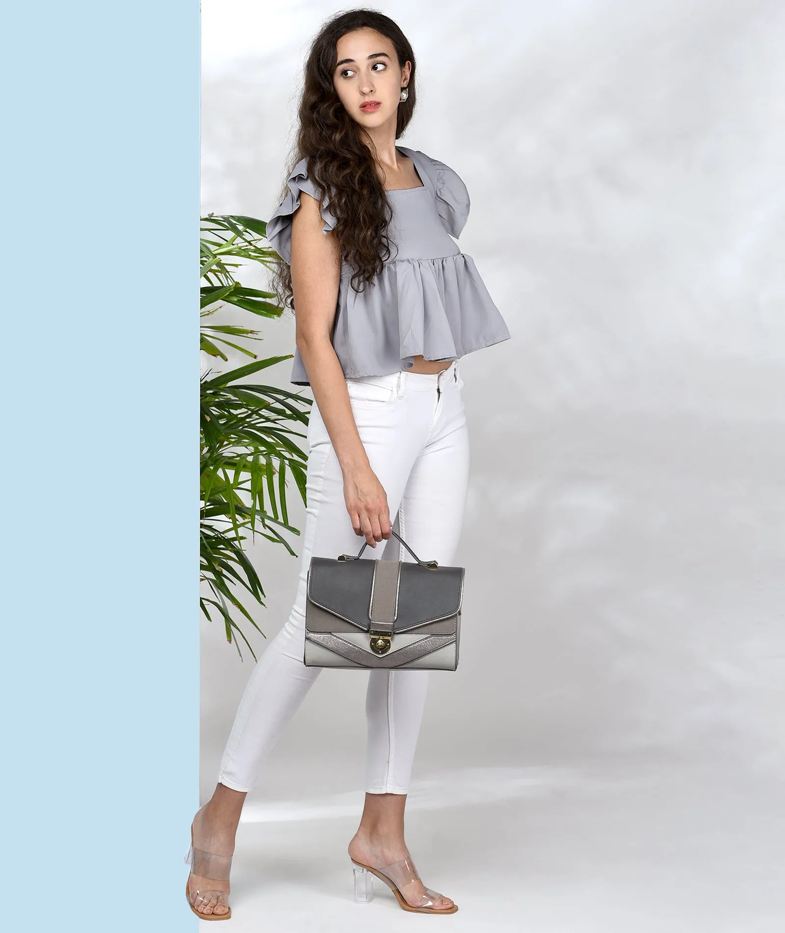 Chimpaaanzee Women Grey Solid Ruffled Style Top