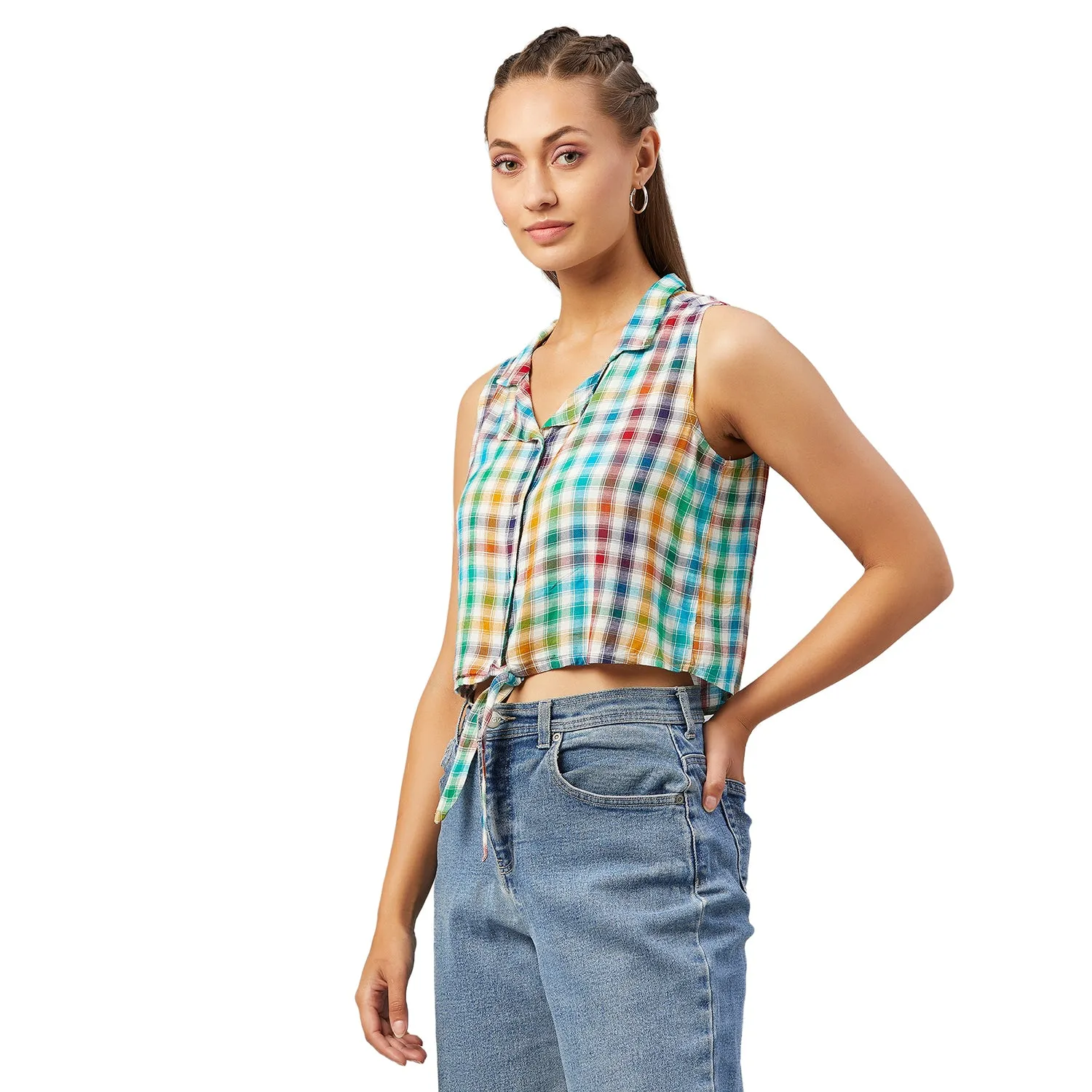 Chimpaaanzee Women Multicolor Checkered Viscose Knotted Crop Top