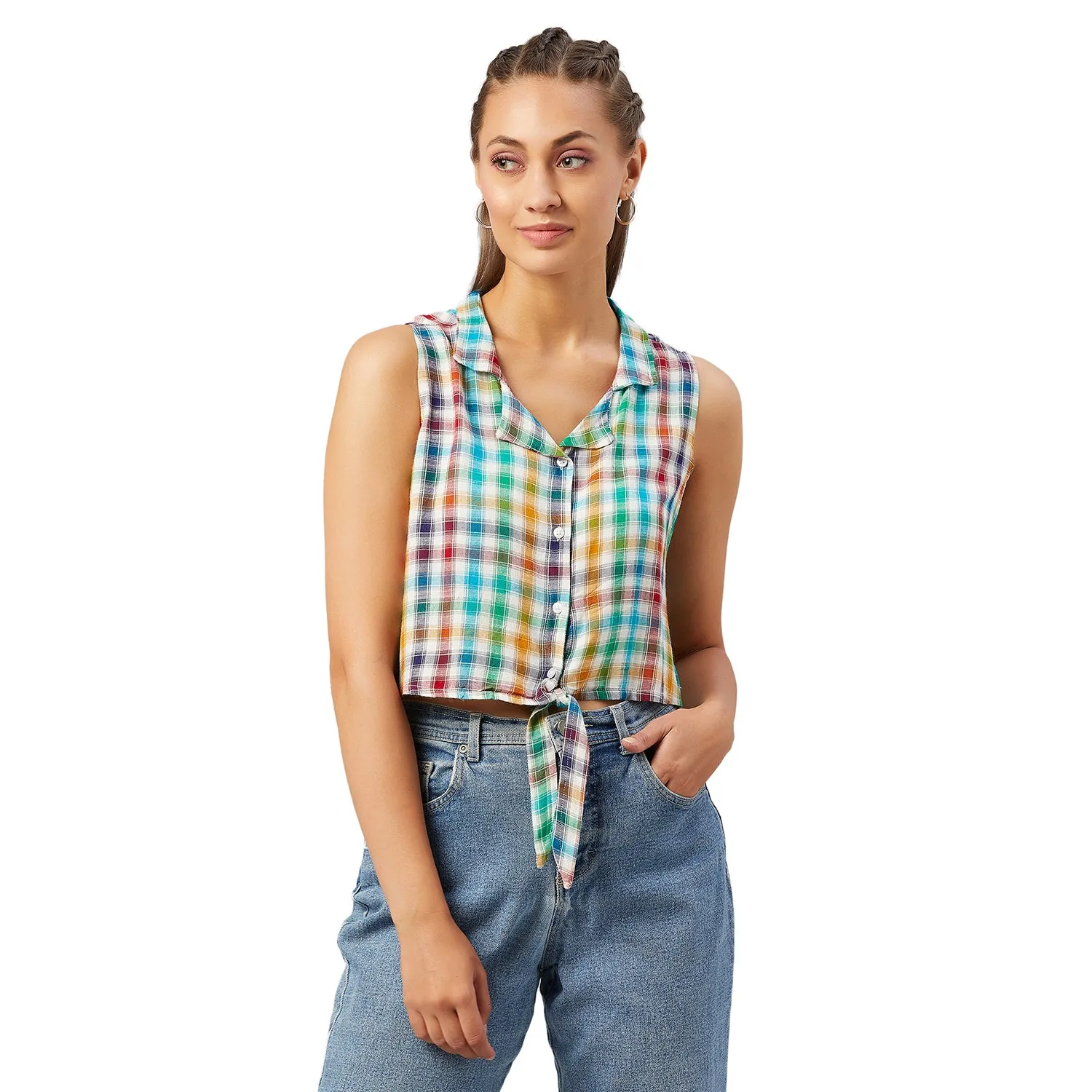 Chimpaaanzee Women Multicolor Checkered Viscose Knotted Crop Top