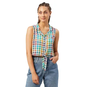 Chimpaaanzee Women Multicolor Checkered Viscose Knotted Crop Top