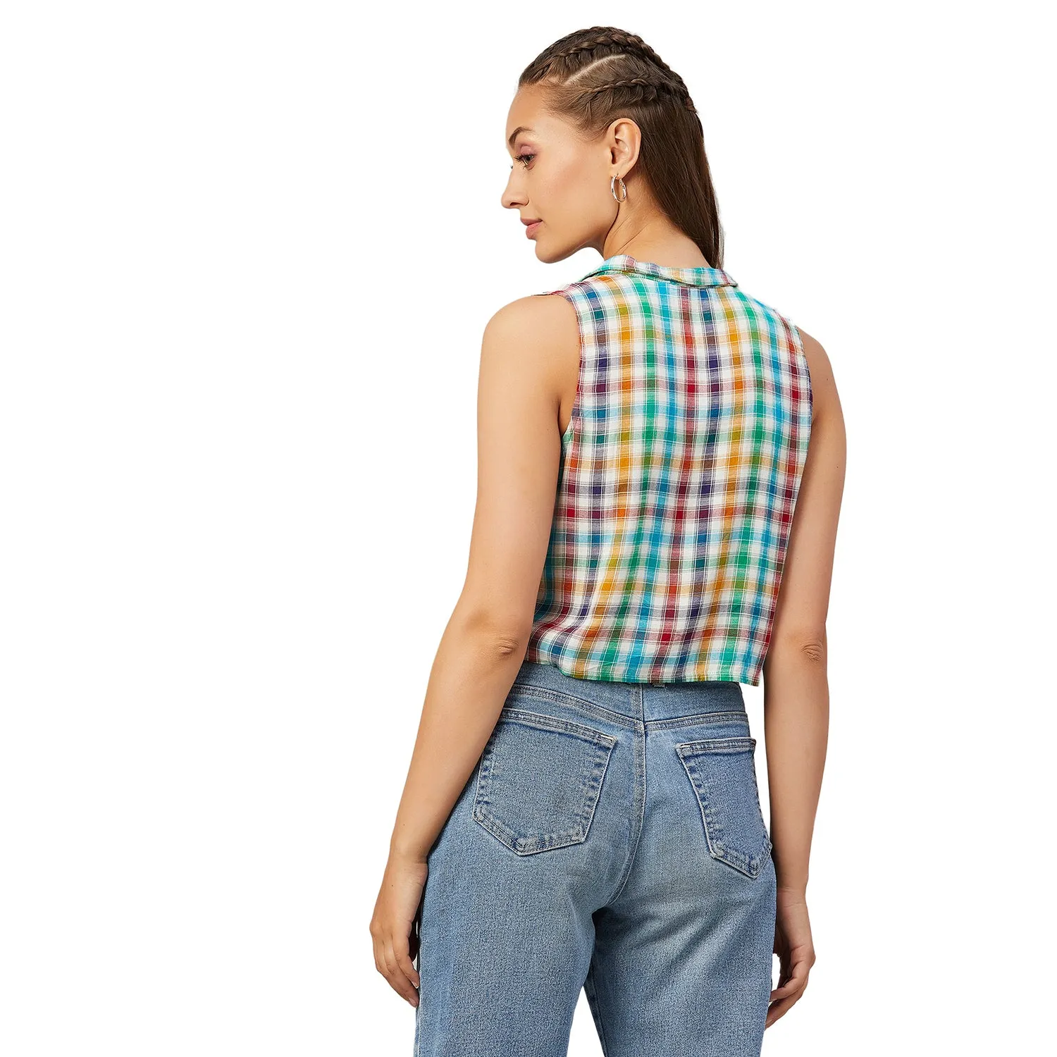 Chimpaaanzee Women Multicolor Checkered Viscose Knotted Crop Top