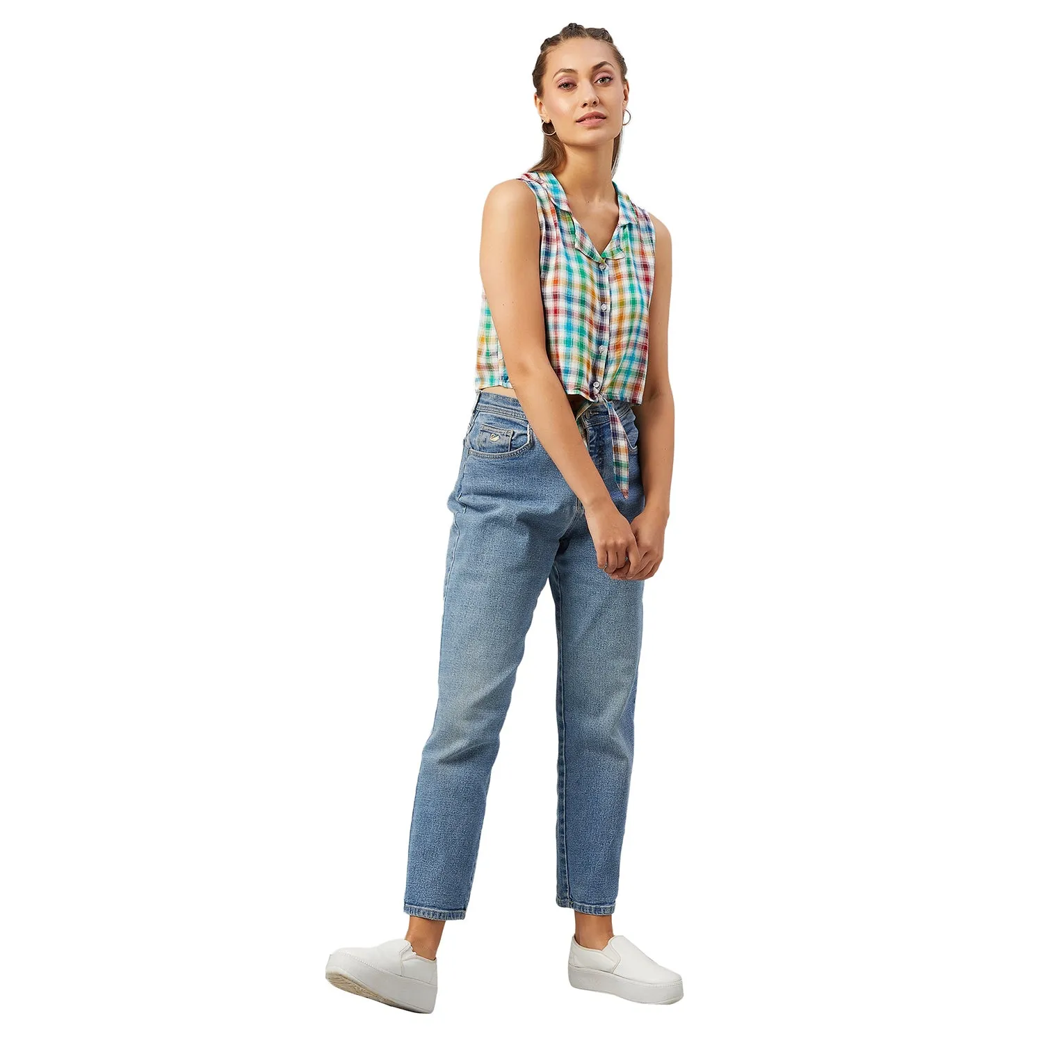 Chimpaaanzee Women Multicolor Checkered Viscose Knotted Crop Top