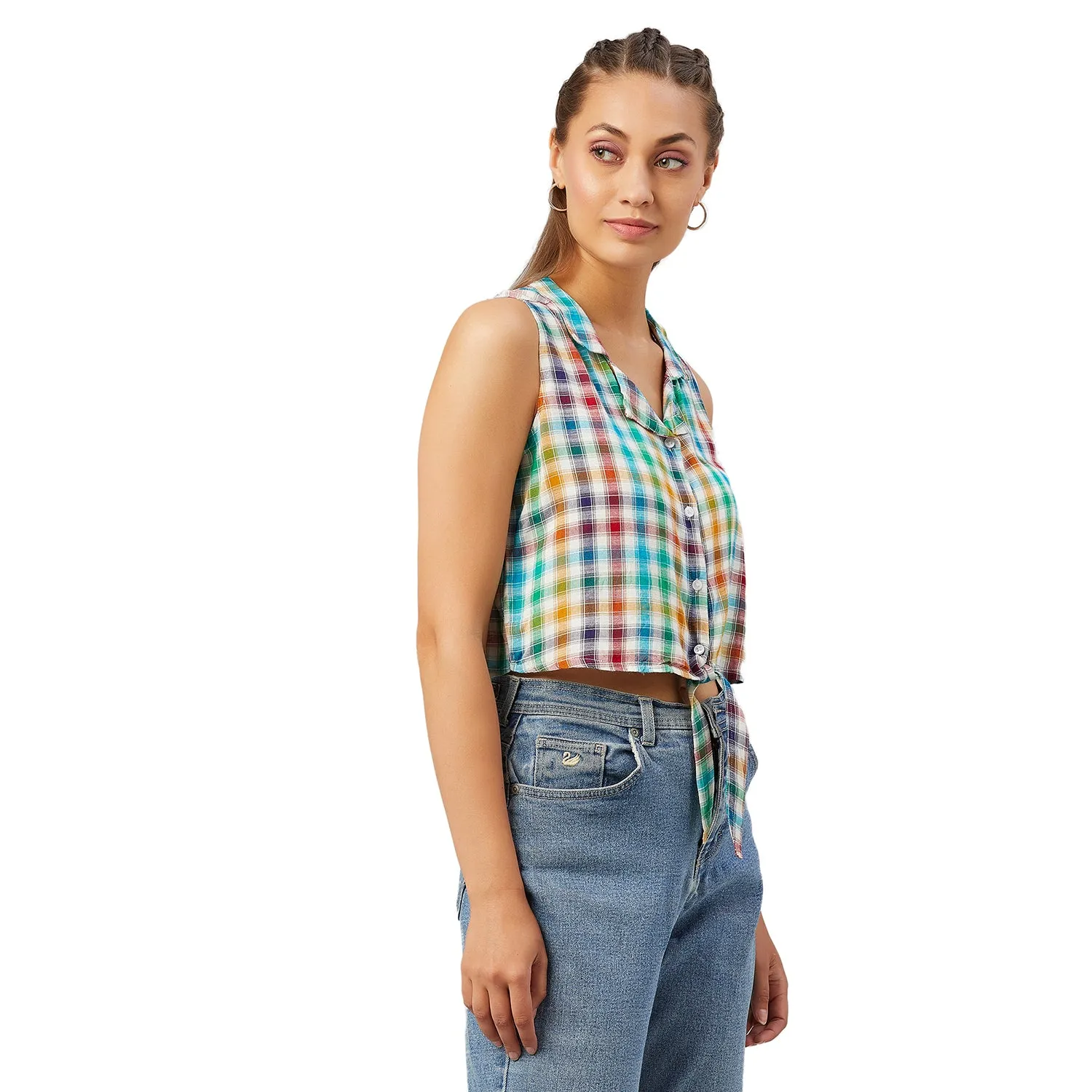 Chimpaaanzee Women Multicolor Checkered Viscose Knotted Crop Top