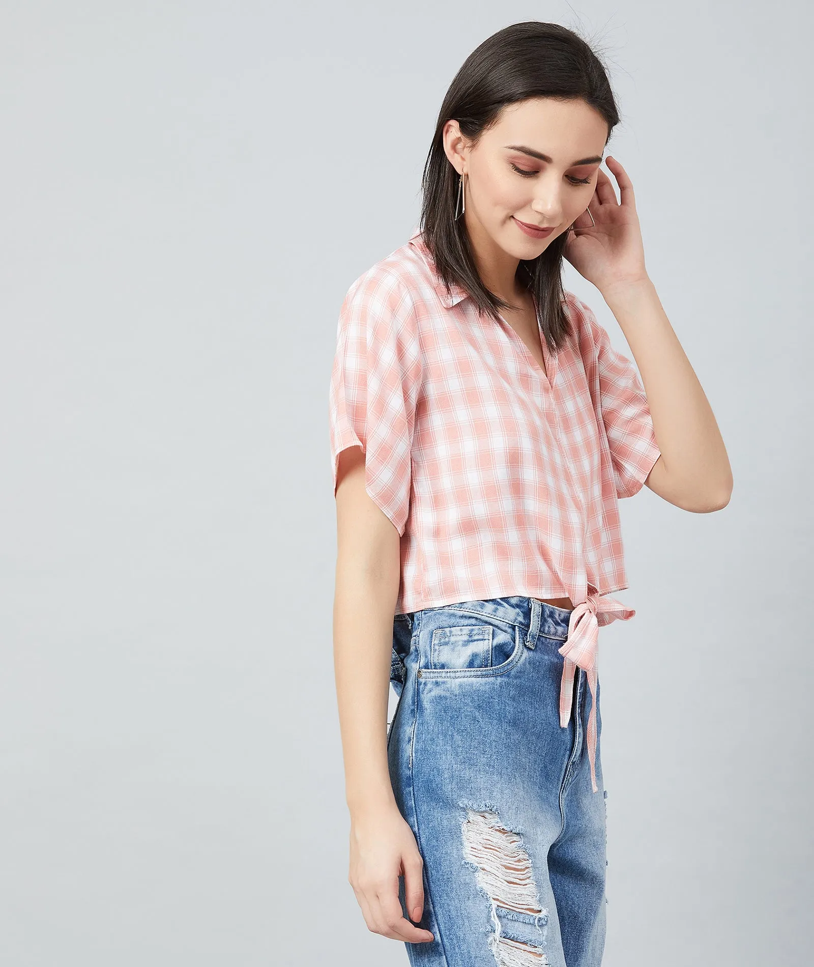 Chimpaaanzee Women Pink and White Checks Knotted Crop Top