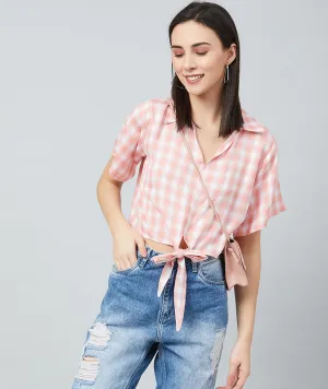 Chimpaaanzee Women Pink and White Checks Knotted Crop Top