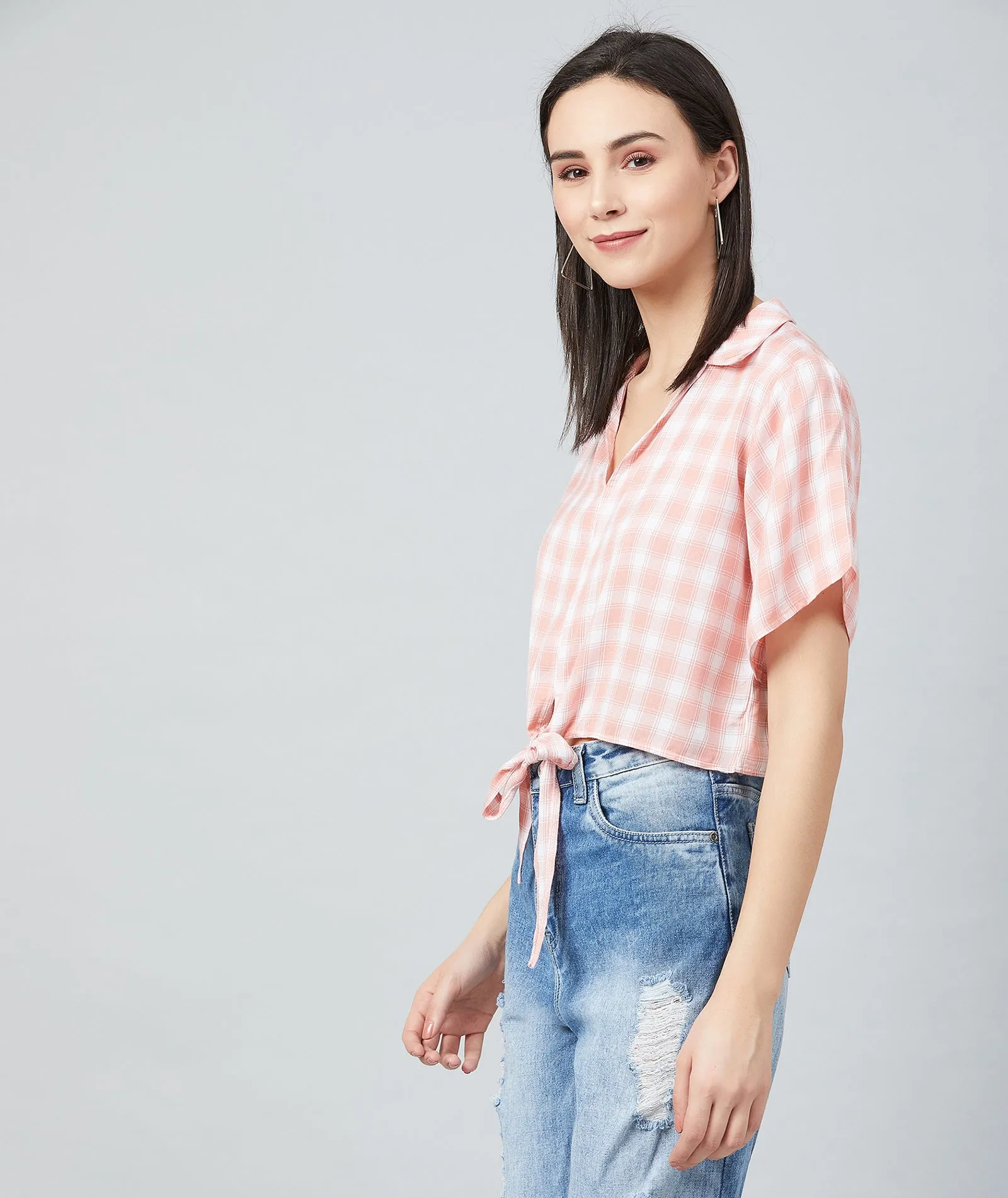 Chimpaaanzee Women Pink and White Checks Knotted Crop Top