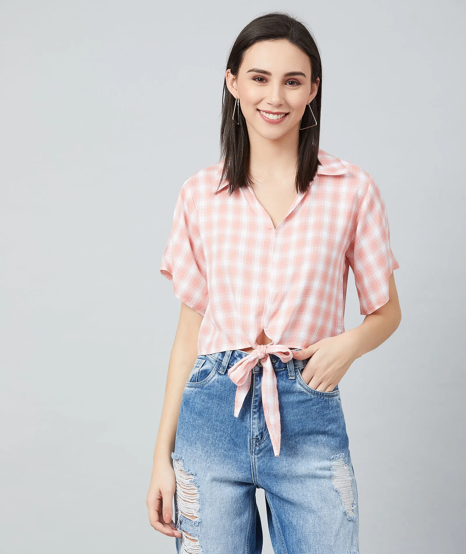 Chimpaaanzee Women Pink and White Checks Knotted Crop Top