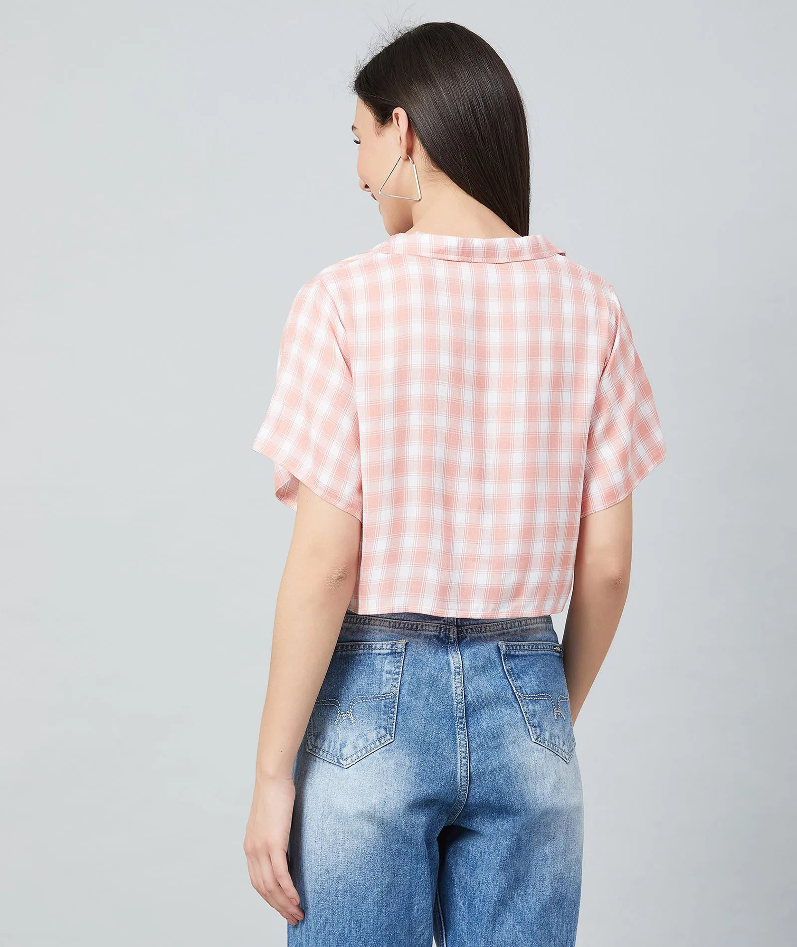 Chimpaaanzee Women Pink and White Checks Knotted Crop Top