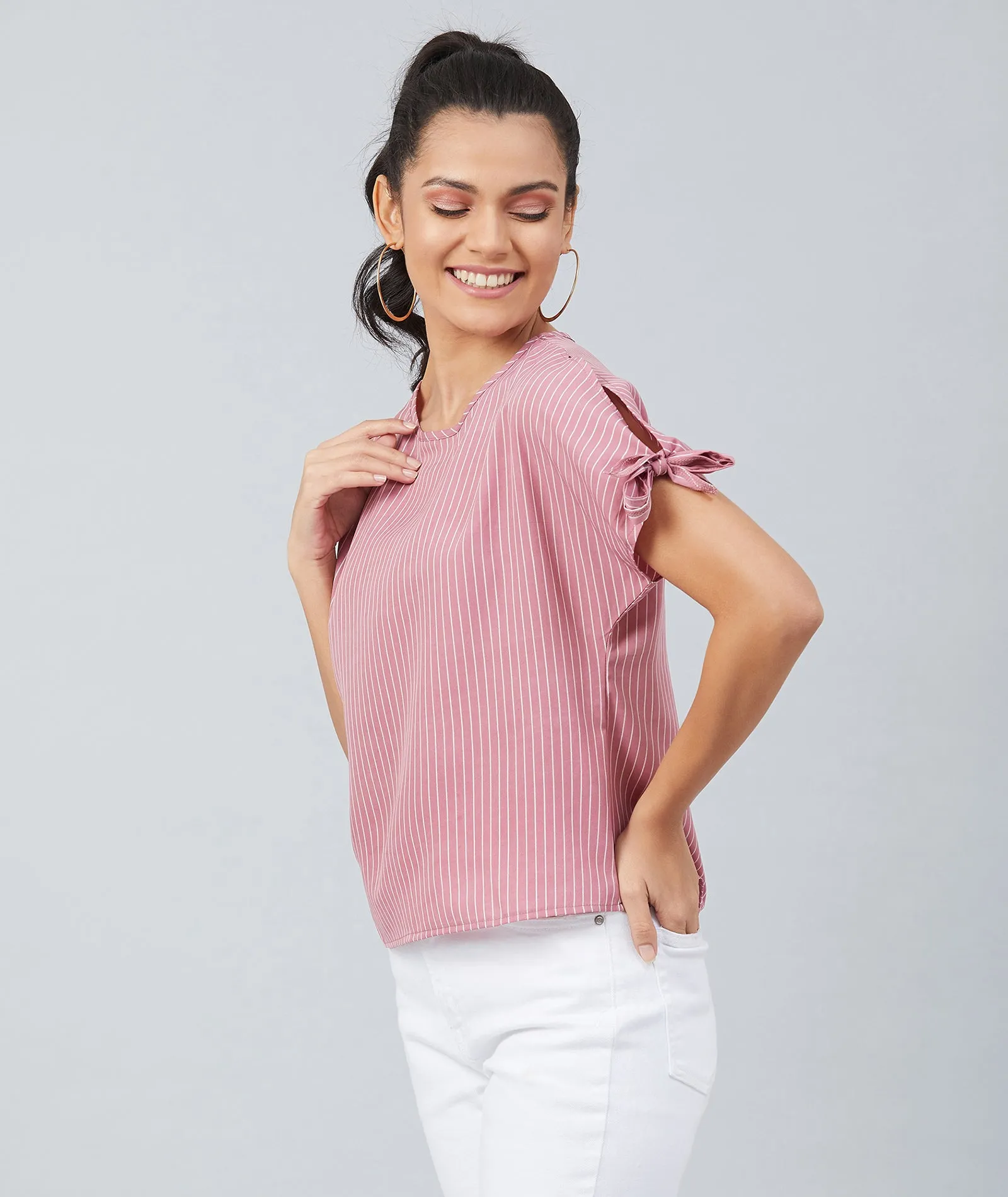 Chimpaaanzee Women Pink Crepe Stripe Knotted Sleeve Top