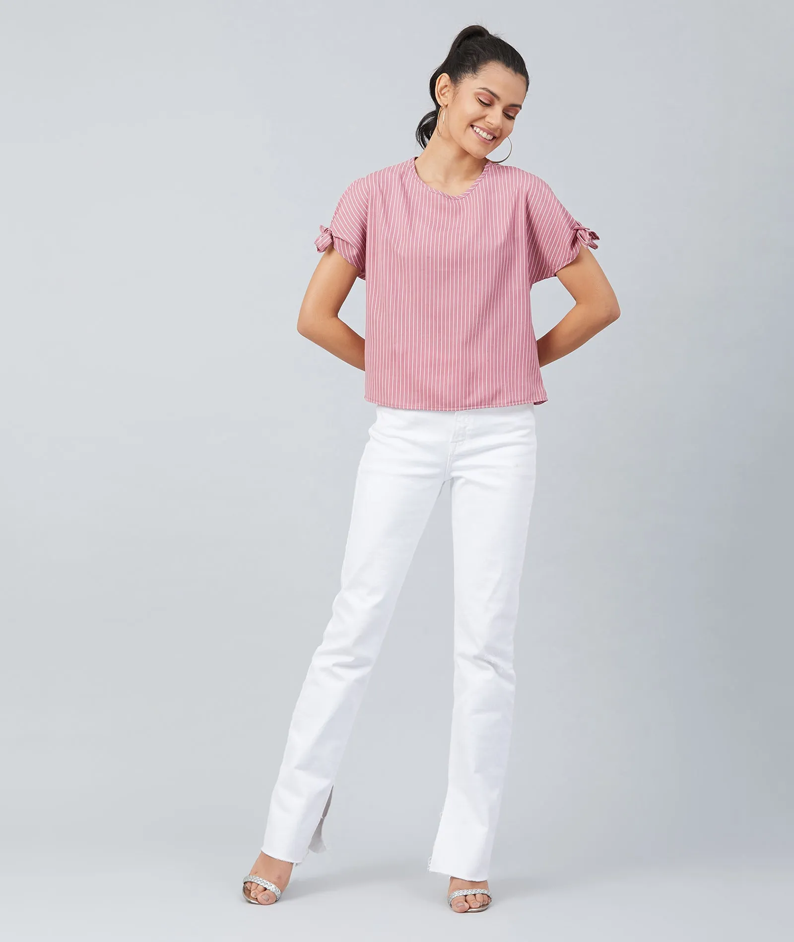 Chimpaaanzee Women Pink Crepe Stripe Knotted Sleeve Top