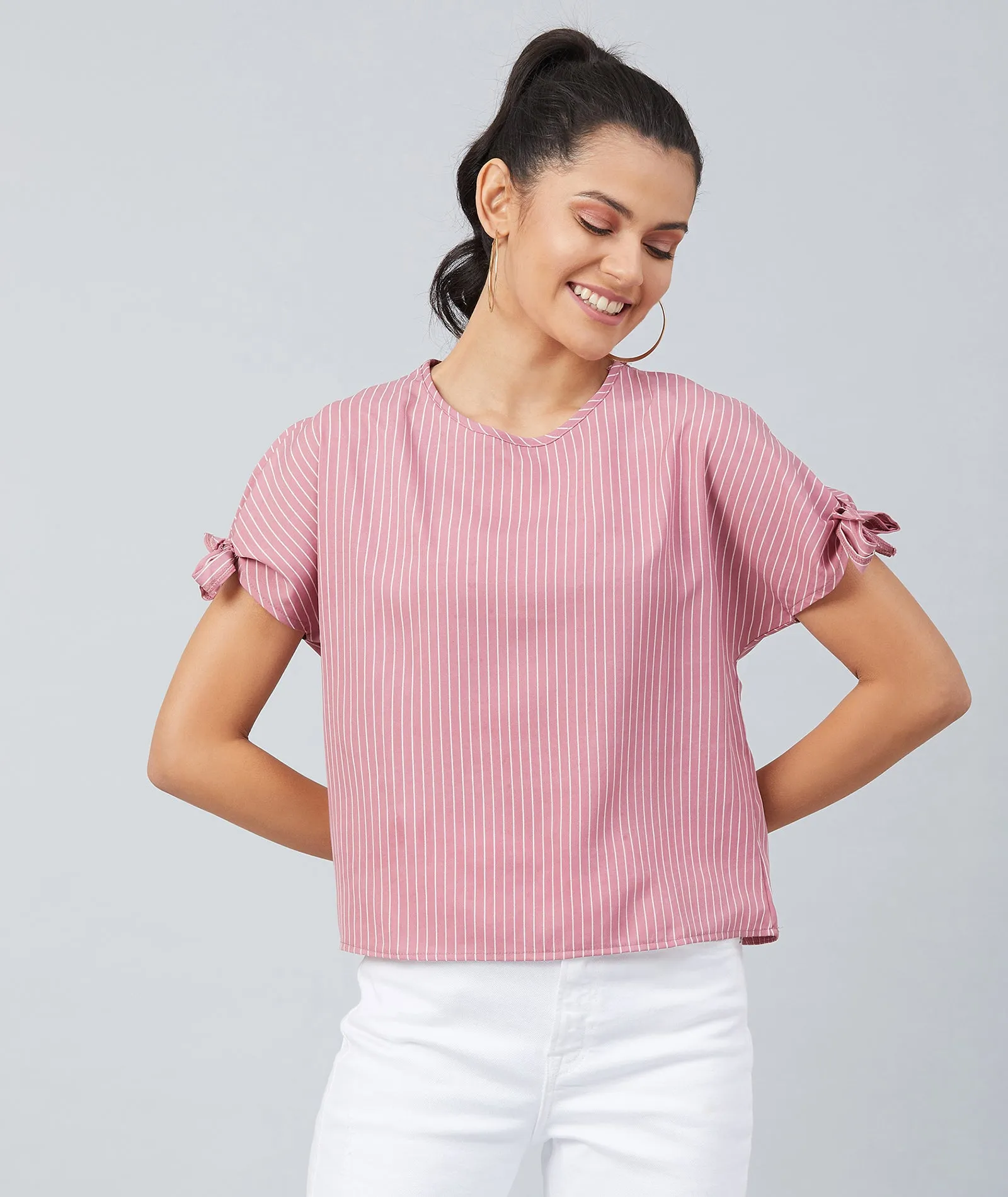Chimpaaanzee Women Pink Crepe Stripe Knotted Sleeve Top