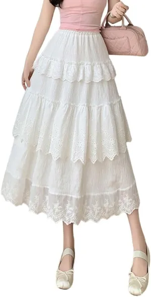 chouyatou Women's Boho Eyelet Lace Embroidery Midi Long Skirt High Elastic Waisted Flowy Swing Tiered Skirt