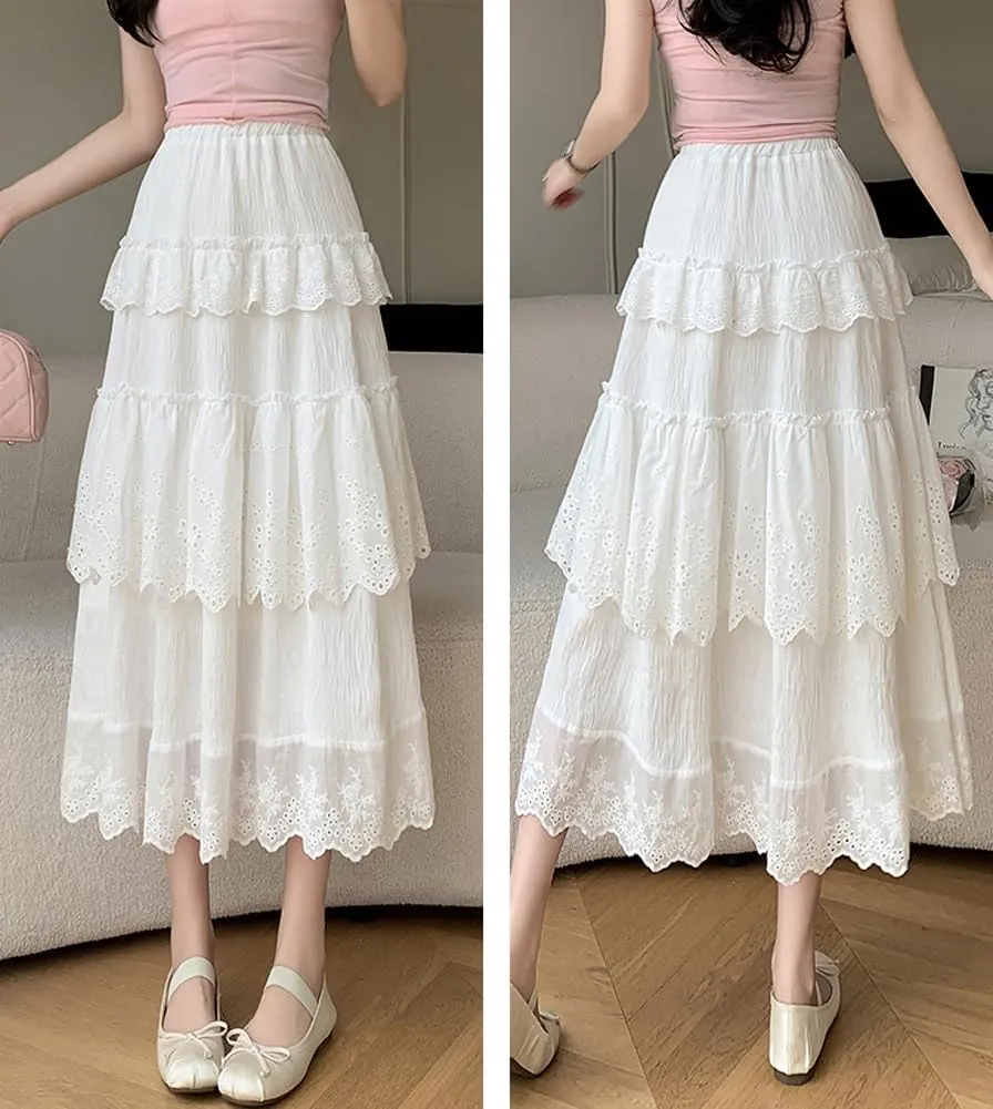 chouyatou Women's Boho Eyelet Lace Embroidery Midi Long Skirt High Elastic Waisted Flowy Swing Tiered Skirt