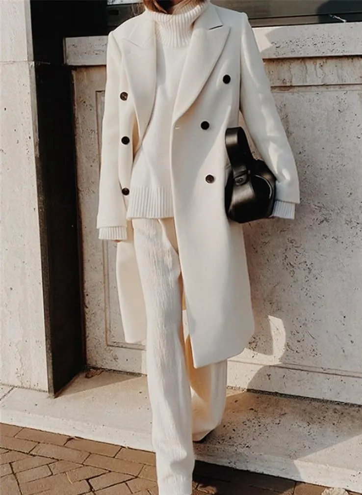 chouyatou Women's Double Breasted Wool Coat Notched Lapel Collar Winter Pea Coat Overcoat Long Jackets