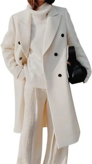 chouyatou Women's Double Breasted Wool Coat Notched Lapel Collar Winter Pea Coat Overcoat Long Jackets